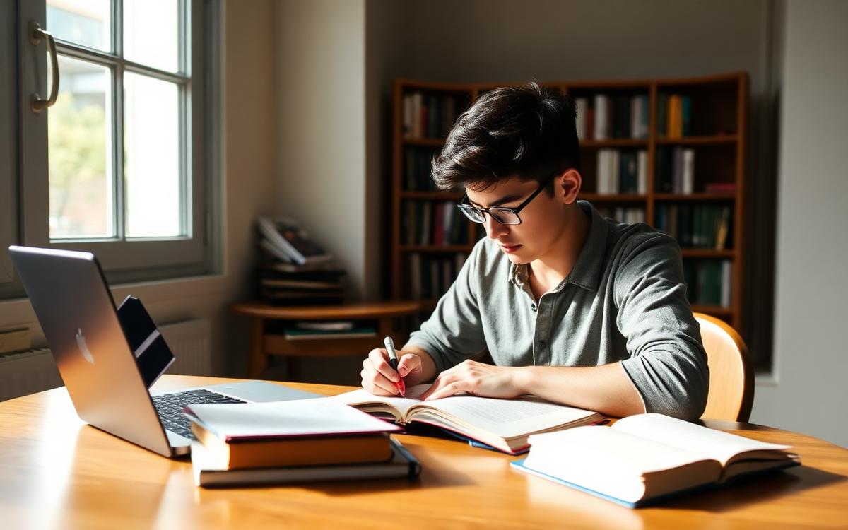 Student preparing for a competitive examination with books, notes and a laptop