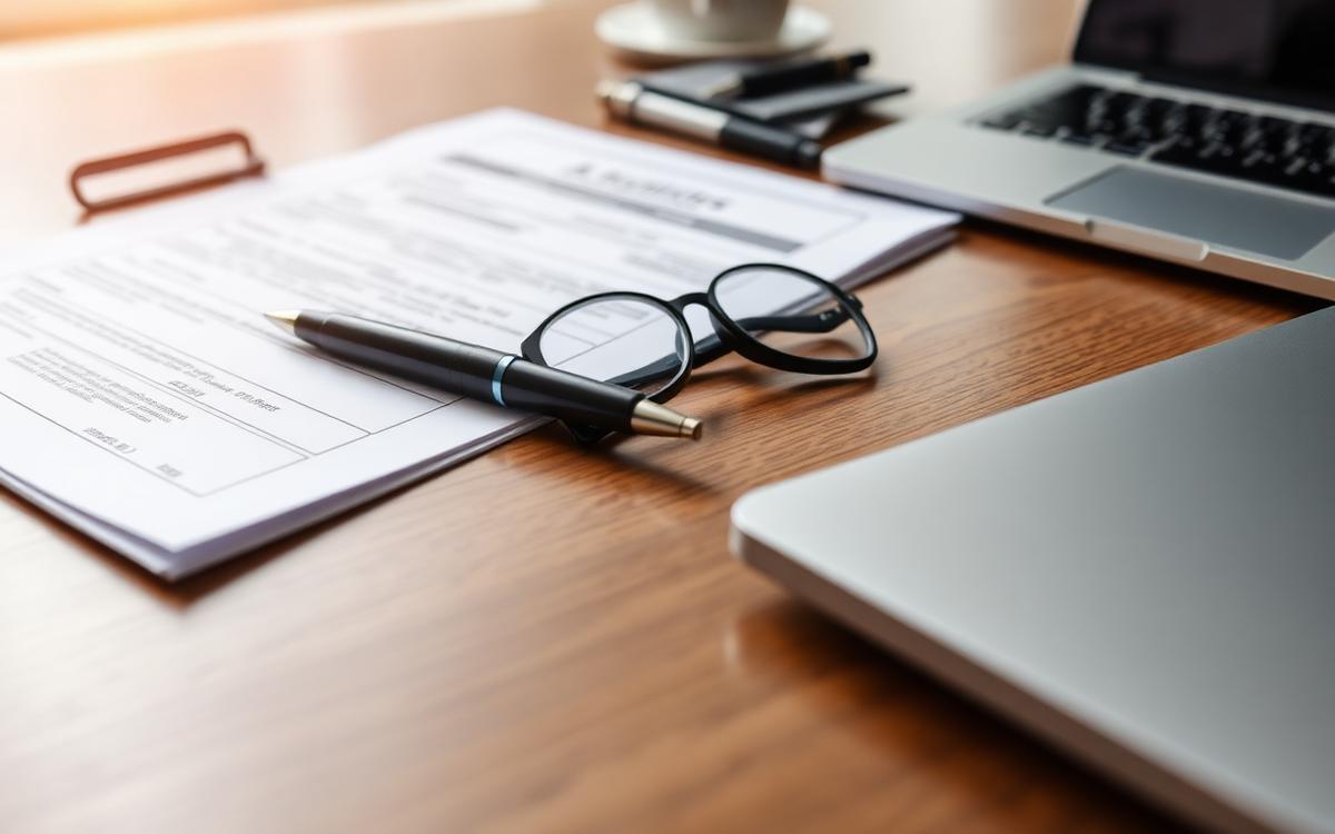 Application forms, a pen and reading glasses on a desk beside a laptop